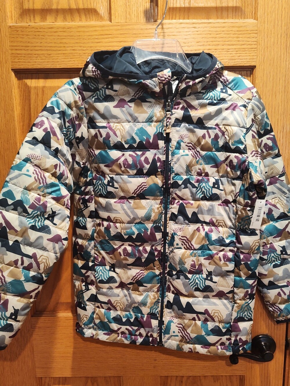 Kids Lightweight Packable, Hooded Puffer Jacket with Mountain/Snowboard Scene XL